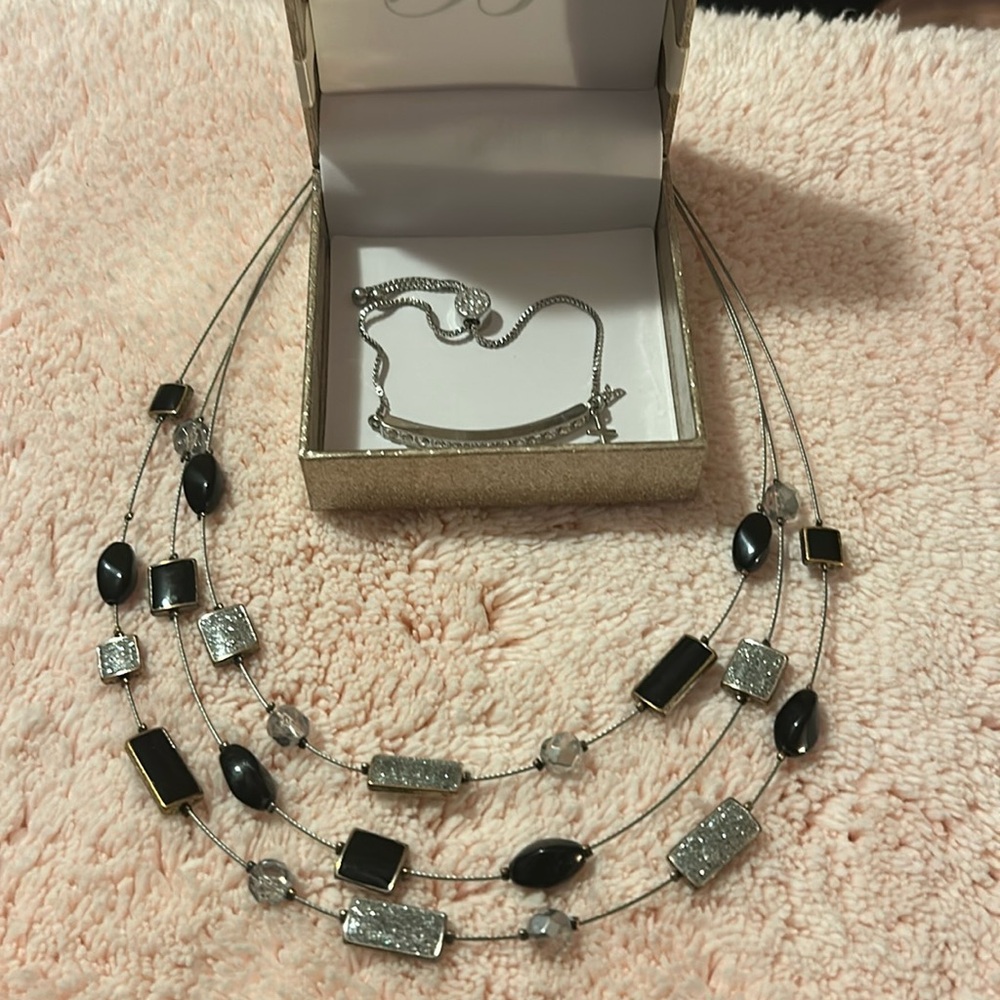 2 Pc Jewelry Set 3 Strand Necklace Sterling Silver NIB Bracelet